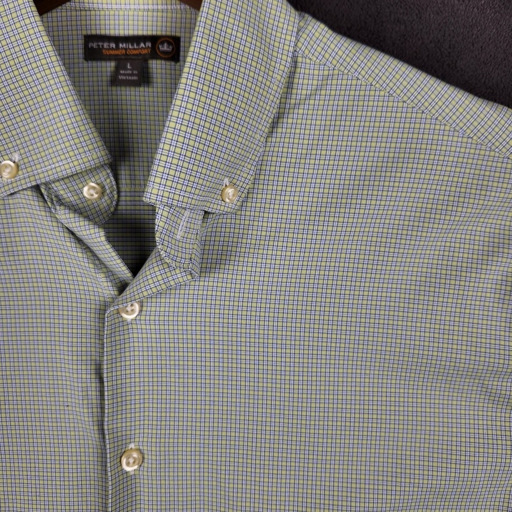 Peter Millar Summer Comfort Shirt Mens Large Green Blue Plaid Long Sleeve Button